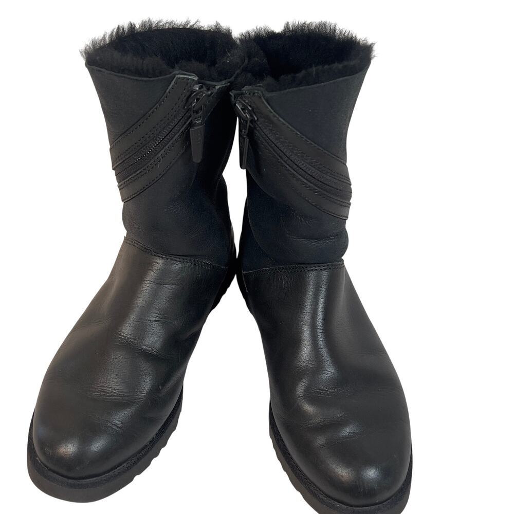 UGG Leather Lorna Mid-Calf Women's Boots Size 7 Black Shearling Moto Zipper